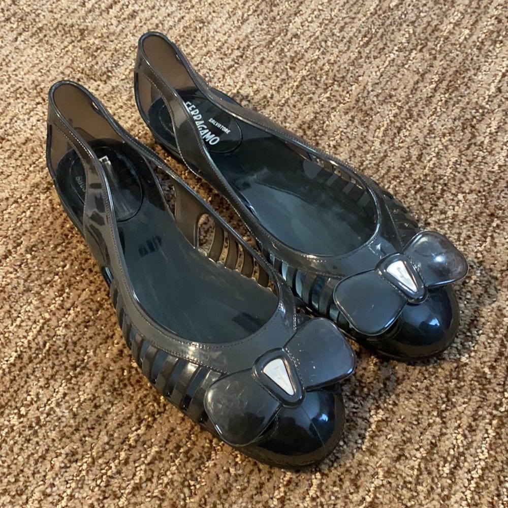 Salvatore Ferragamo black jelly ballet flats.